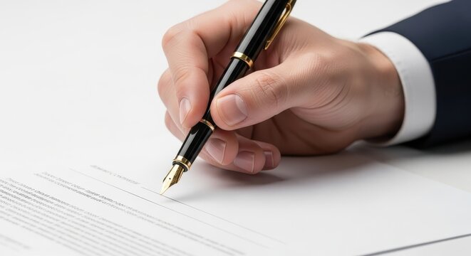 Professional hand signing an important business document with a classic fountain pen, symbolizing agreement and legal commitment in a corporate setting