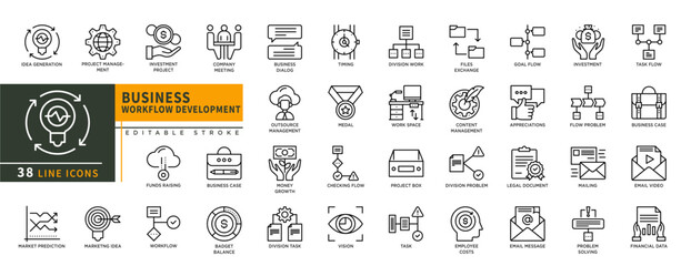 Minimalist Business Workflow Development line icons set with editable stroke, featuring idea generation, project management, investment project, funds raising, market predic. thin linear illustration.