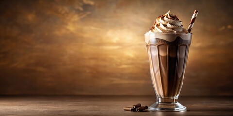A delightful creamy chocolate beverage in a tall glass with a striped straw, garnished with whipped cream and chocolate shavings, rests on a rustic wooden surface against a warm brown backdrop.