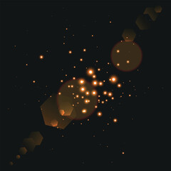 dark background with scattered bright orange dots and large light spots with a lens flash effect, creating a starry sky or fireworks atmosphere.