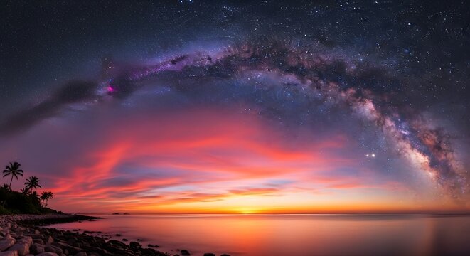 Night sky view of milky way over ocean with vibrant sunset and palm trees on rocky beach shore