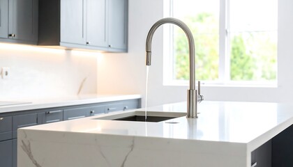 A modern kitchen island with a sleek stainless steel faucet, showcasing a bright, airy space.