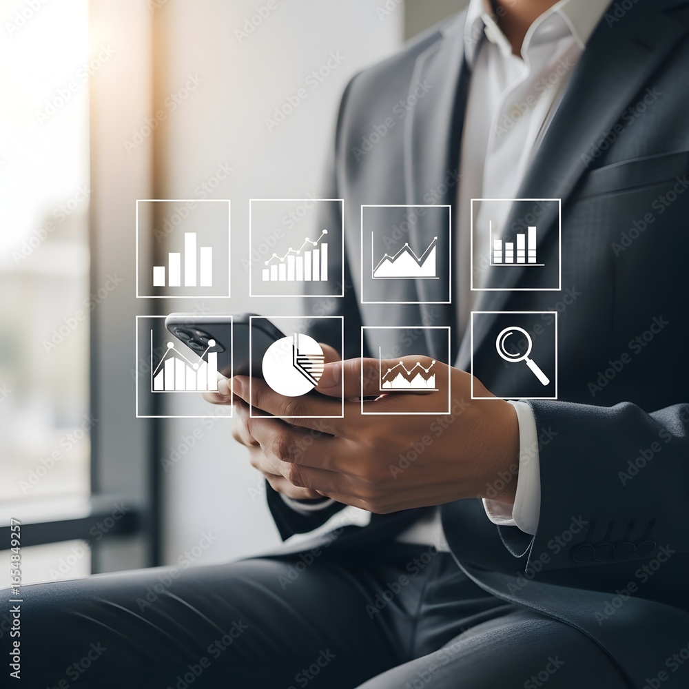Poster businessman using smartphone with glowing holographic financial data analytics interface overlay