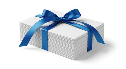 A neat stack of blank white cards or envelopes bundled with a beautiful shiny blue satin ribbon bow, presented as a gift on an isolated white background