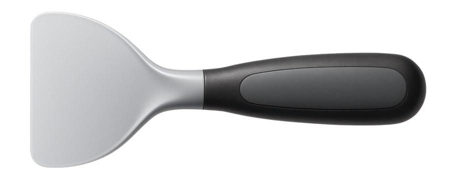 Plastic putty spatula with a curved edge for smoothing caulk in bathroom installations.