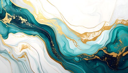 A mesmerizing abstract design featuring flowing teal and white liquid patterns, accented by glistening gold flecks.