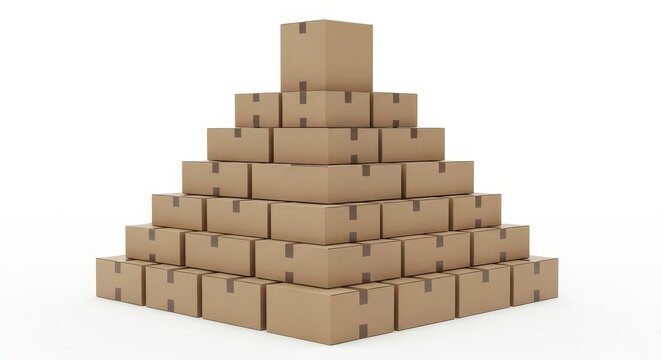 A large pyramid stack of sealed cardboard shipping boxes isolated on a white background, representing logistics, e-commerce, and warehouse storage