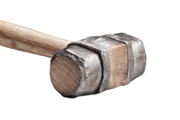 Sledgehammer with broken fragments isolated on white transparent background