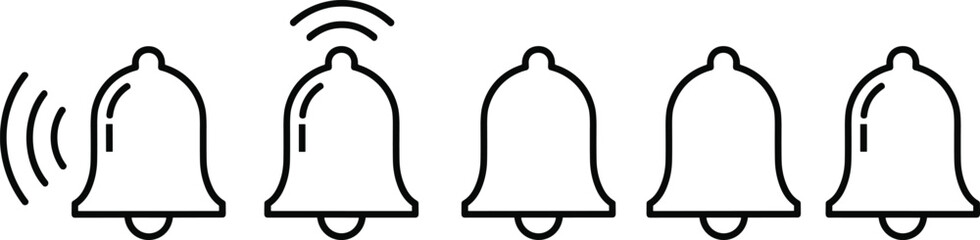 Bell icons set, notification symbols, ringing alert signs, silent mode, vector illustration, black and white, UI design, sound, mute, interface