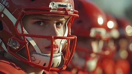 Intense Young Football Player in Red Helmet Focused on Game Day Action - Powered by Adobe