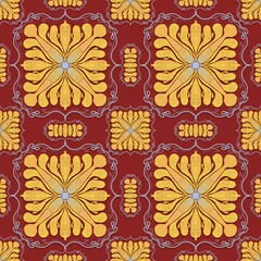 seamless floral background,blue, orange curves and painted to create flowers shape,leaves with red background in geometric patterns to as sarong,tile,printed fabric,batik,fabric,tablecloth patterns.