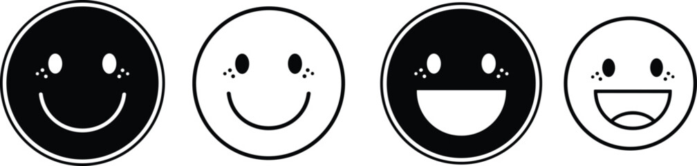 Black and white smiley face icons with freckles, open mouth and curved smile designs, modern emoticon symbols, playful vector graphic set