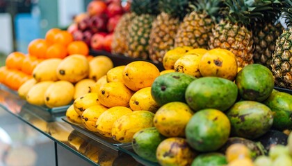A vibrant close-up of tropical fruits on a reflective glass surface, rich colors glowing under natural light, crisp textures in high detail. 