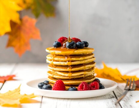 Stacked pancakes drizzled with syrup and topped with berries