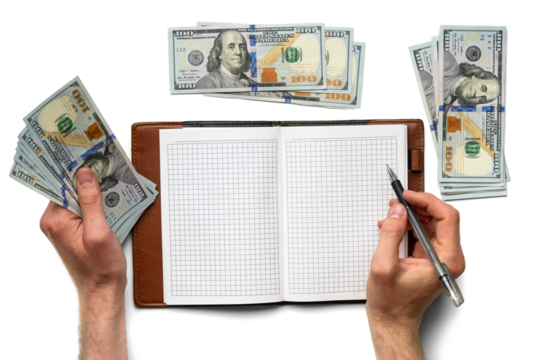 Hands Counting Money with Ledger on Transparent Background