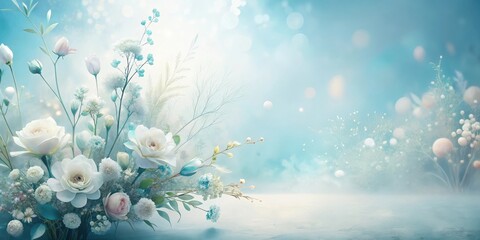 Serene Pastel Floral Arrangement on Soft Blue Background with Delicate Blooms and Dreamy Lighting