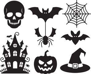 Halloween Silhouette Icons Including Skull Bats Haunted House Pumpkin vector illustration