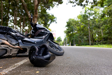 Motorcycle Accident Scene with Helmet and Save Life Safety Message