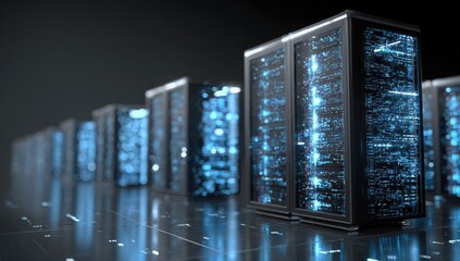 Futuristic server racks in a data center. A row of modern server cabinets