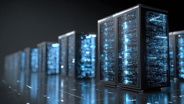 Futuristic server racks in a data center.  A row of modern server cabinets