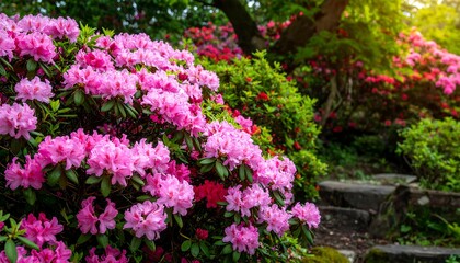 A vibrant garden scene showcasing numerous pink rhododendrons in full bloom, illuminated by sunlight, and featuring a stone pathway.