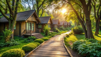 Serene Wooden Cabins Nestled in a Lush Green Forest with a Sunlit Pathway