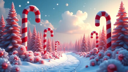 Whimsical winter wonderland with giant candy canes and snow covered trees