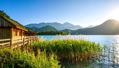 Fototapeta premium Lakeside cabins under a sunny sky