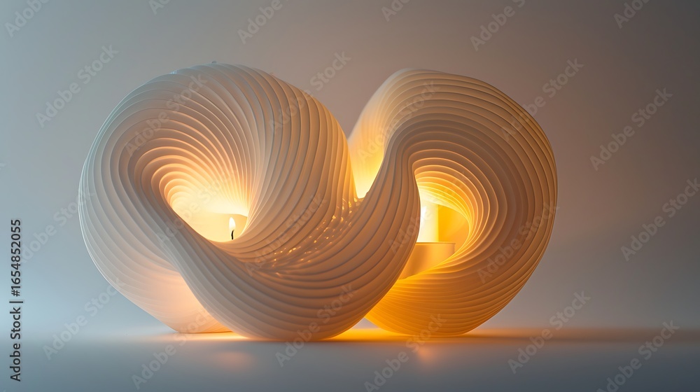 Poster a modern, abstract lamp featuring a twisting design with soft lighting creates a warm and inviting a