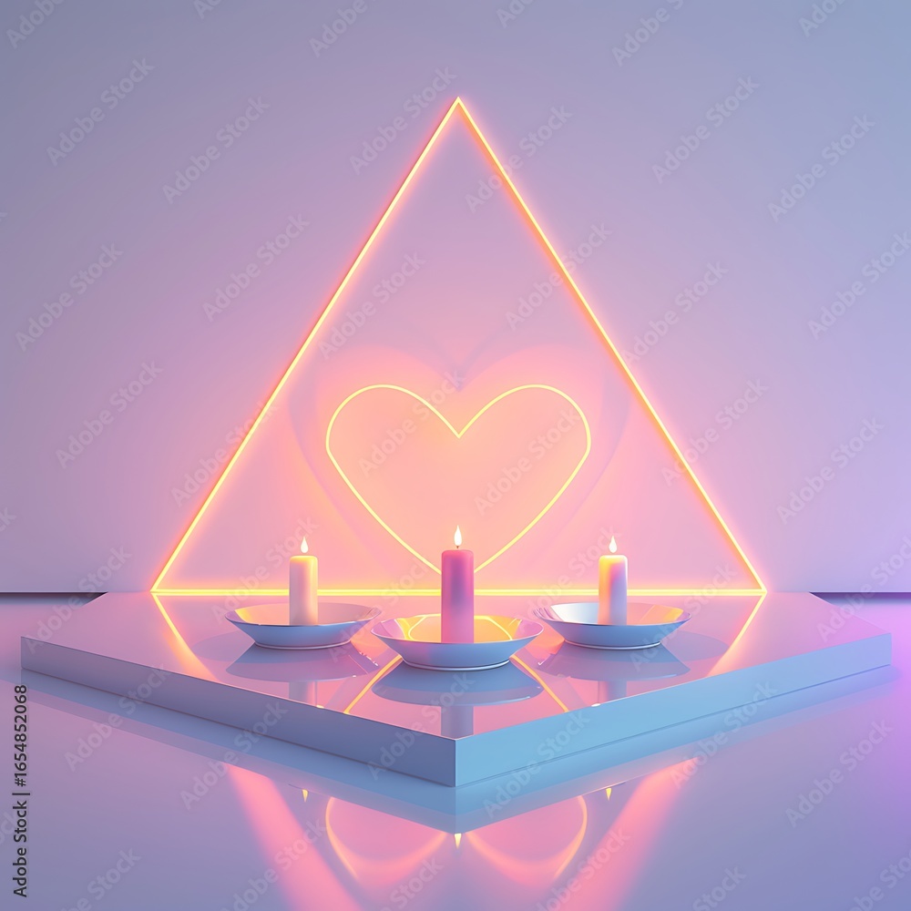 Poster a serene setup featuring three candles on a reflective surface, framed by a glowing triangle and hea