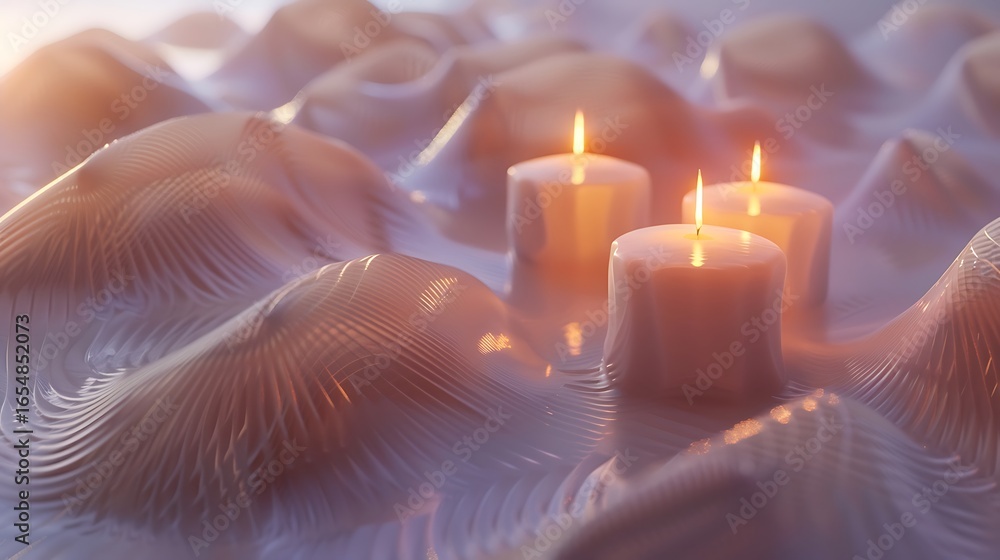 Poster a serene scene featuring three glowing candles atop a textured, undulating surface, creating a calm 