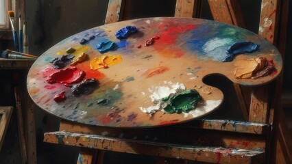 Vibrant Impasto Colors on a Well-Used Wooden Palette in a Moody, Classic Art Studio