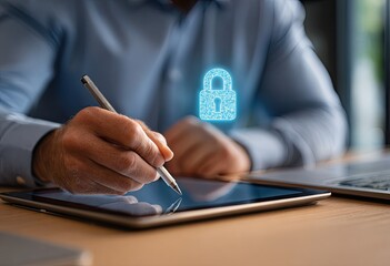 Businessman using a tablet with a security lock graphic