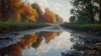 Obraz premium Autumnal Reflections on a Country Road, Vivid Colors Mirrored in a Puddle