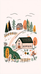 A charming farmhouse is nestled among vibrant autumn trees, with a winding path leading to it. An old barn adds character to this peaceful landscape in fall
