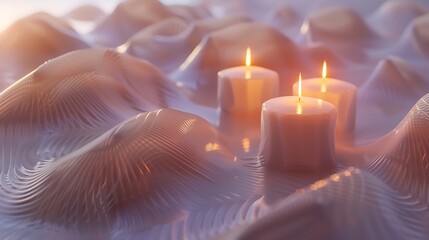 A serene scene featuring three glowing candles atop a textured, undulating surface, creating a calm and tranquil ambiance.