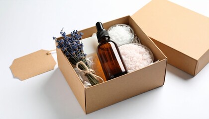 An image of a box with natural skincare products. Inside the box, there is a glass bottle with a dark dropper lid, likely containing essential oil, a jar of pink salt, and sprigs of lavender tied with