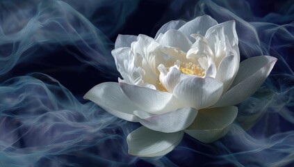 Delicate white lotus flower in smoky darkness
