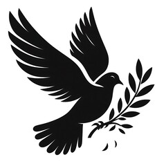 Black Silhouette of Flying Dove with Olive Branch &ndash; Minimalist Vector