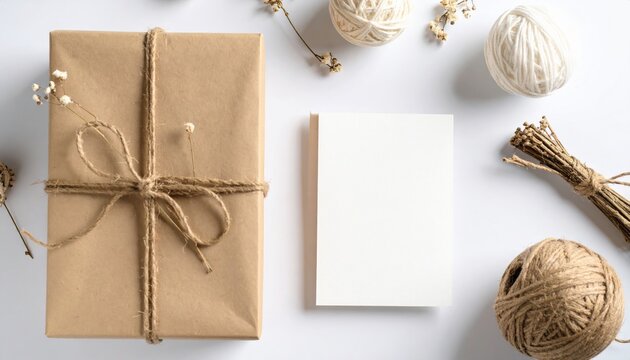 An image of a gift wrapped in brown paper, tied with twine. Nearby, there is a blank card and several balls of string on a clean, light background, giving the composition a refined and minimalist look