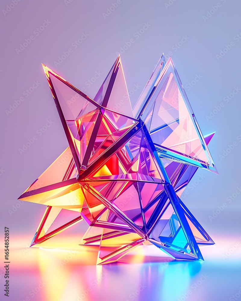 Poster a vibrant arrangement of translucent geometric shapes reflecting colorful light, creating a striking