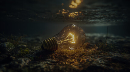 A floating light bulb underwater, its warm glow illuminating the water's texture. High-resolution photography, cinematic lighting, and volumetric light create an atmospheric and detailed.
