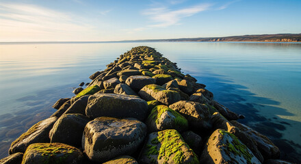 Rocky causeway extends into the tranquil blue sea under a clear sky.