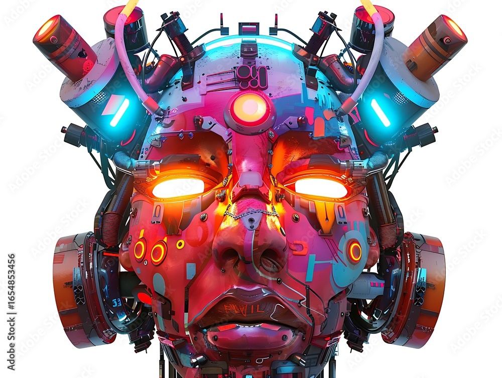 Poster a vibrant, futuristic robotic head adorned with colorful circuitry and glowing elements, emphasizing