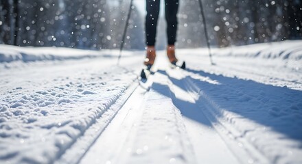 A person cross country skiing on a snowy trail with trees in the background on a winter day outdoors