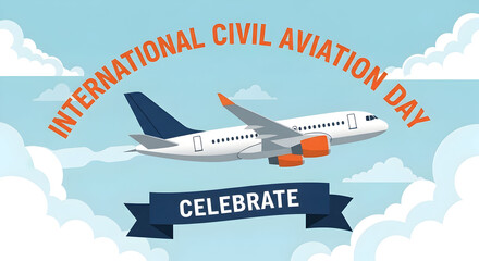 Fototapeta premium poster illustration of A digital graphic celebrating International Civil Aviation Day. The words 