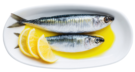 Two whole, fresh sardines on a white platter, with lemon slices and oil