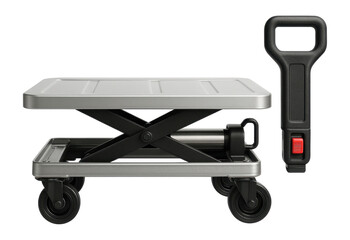 Foldable hydraulic trolley with removable handle for easy storage in small workshops.
