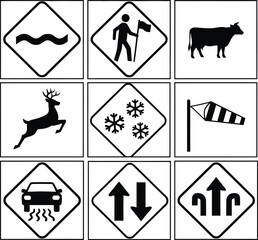 Road signs warning of hazards like animals, curves, and weather conditions