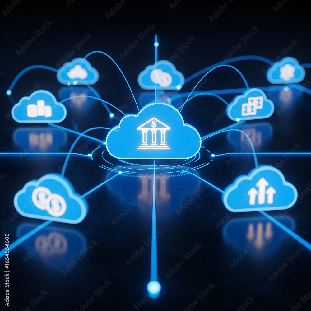 Poster digital cloud network connecting various financial services and data centers globally
